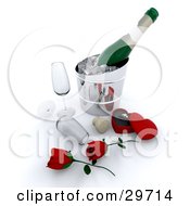 Poster, Art Print Of Couple Of Red Roses Champagne Glasses Cork And Ring By A Bottle Of Wine Chilling On Ice