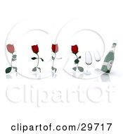 Four Red Roses Running With Petal Legs Towards Wine Glasses And A Bottle Of Champagne