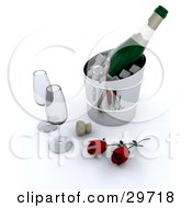 Bottle Of Champagne Chilling On Ice With Two Wine Glasses A Cork And Red Roses