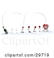 Clipart Illustration Of A Heart Character Running Towards Four Red Roses Two Champagne Glasses And A Bottle Of Wine