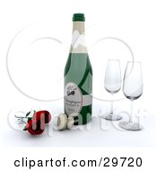 Poster, Art Print Of Two Red Roses By A Cork To A Bottle Of Champagne And Two Wine Glasses
