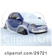 Poster, Art Print Of Blue Compact Car Stuck And Covered In Snow In A Cold Winter Day
