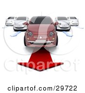 Red Compact Car Over A Red Arrow In Front Of Four White Cars On Arrows In A Car Lot