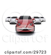 Clipart Illustration Of A Red Compact Car In Front Of Four White Cars In A Car Lot
