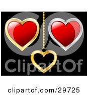 Clipart Illustration Of Red Hearts Bordered In Gold And Silver And A Hanging Gold Heart Pendant On A Black Background