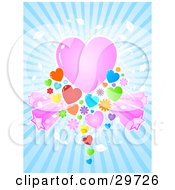 Clipart Illustration Of A Pink Green Orange Blue Red Yellow And Purple Flowers Hearts And Stars With White Vines Bursting Around A Pink Heart On A Background Of Blue Light