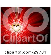 Poster, Art Print Of Golden Heart Pendant Hanging Down Over A Burst Of Light With Gold Stars On A Red Background