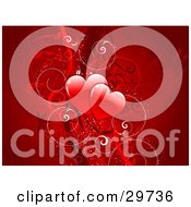 Clipart Illustration Of Two Red Shiny Hearts In The Center Of A Red Background With Waves And Curly Vines