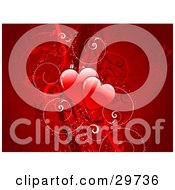 Poster, Art Print Of Two Red Shiny Hearts In The Center Of A Red Background With Waves And Curly Vines