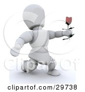 White Character Kneeling And Holding A Single Red Rose While Proposing