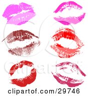 Clipart Illustration Of A Set Of Pink Deep Red Red And Purple Sexy Lipstick Kisses On A White Background