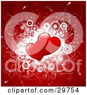 Poster, Art Print Of Two Red Hearts Over A Cluster Of White Circles With Vines On A Background Of Red