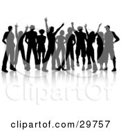 Clipart Illustration Of A Crowd Of Silhouetted Male And Female Teenagers Hanging Out And Holding Their Arms Up by KJ Pargeter #COLLC29757-0055