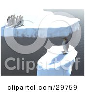 Clipart Illustration Of A Lone Penguin Standing On An Iceberg Separated From A Group Of Other Birds Symbolizing Individuality Or Global Warming