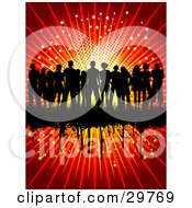 Poster, Art Print Of Silhouetted Group Of People Standing Together On A Black Grunge Bar On A Red Background Of Stars