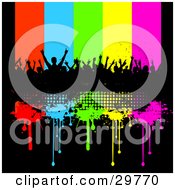 Poster, Art Print Of Silhouetted Crowd Of People At A Concert On A Black Grunge Bar With Red Blue Green Yellow And Pink Dripping Lines
