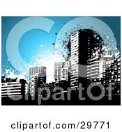 Poster, Art Print Of Black Grunge City Skyline Over Blue With Black And White Splatters