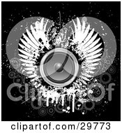 Poster, Art Print Of Pair Of White Wings Around A Circle Speaker On A Black Grunge Background With Faded Gray Circles