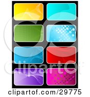 Set Of Eight Yellow Blue Green Red Purple And Pink Backgrounds On Black