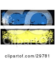Poster, Art Print Of Blank Blue And Yellow Grunge Labels Banners Or Headers Bordered In Black With Floral Accents