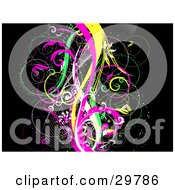 Clipart Illustration Of Yellow Pink Green And White Curly Vines Over A Black Sparkly Background