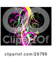 Poster, Art Print Of Yellow Pink Green And White Curly Vines Over A Black Sparkly Background