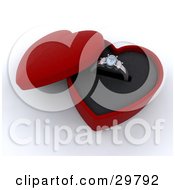 Poster, Art Print Of Silver Diamond Wedding Or Engagement Ring Resting In An Open Red Heart Shaped Box