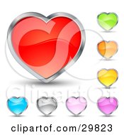 Poster, Art Print Of Set Of Red Green Orange Yellow Purple Pink Silver And Blue Hearts With Chrome Borders