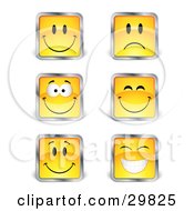 Poster, Art Print Of Set Six Yellow Square Happy And Sad Emoticon Faces With Silver Borders