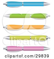 Clipart Illustration Of A Set Of Blue Green Orange Yellow And Pink Ballpoint Pens With Clicker Tops