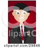 Poster, Art Print Of Male Senior Citizen Veteran With Military Medals On His Jacket Over A Red Background With A Black Border