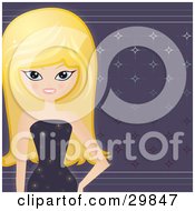 Poster, Art Print Of Beautiful Blond Caucasian Woman In A Sparkling Dress Standing Over A Shiny Purple Star Background
