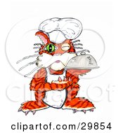 Clipart Illustration Of A Winking Orange Chef Cat Holding A Serving Platter Of Food