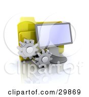 Clipart Illustration Of A Yellow Folder Behind A Computer Screen With Two Cogs by KJ Pargeter