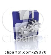 Clipart Illustration Of Two Working Cogs In Front Of A Blue Floppy Disk by KJ Pargeter