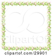 Border Of Green Leaves Pink And Green Flowers And Yellow And Pink Bows Over A White Background