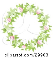 Poster, Art Print Of Round Floral Wreath Of Green And Pink Flowers And Leaves