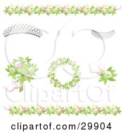 Poster, Art Print Of Design Elements Of Green And Pink Rose Borders Bouquet Wreath And Corsage With A Tiara Earrings And A Necklace