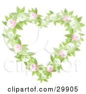 Poster, Art Print Of Green And Pink Rose And Leaf Heart Shaped Floral Wreath