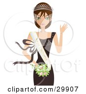 Clipart Illustration Of A Pretty Caucasian Brunette Woman With Green Eyes Wearing A Brown Gown Tiara And Miss Universe Sash Carrying A Bouquet And Waving by Melisende Vector