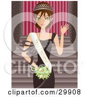 Poster, Art Print Of Miss Universe A Brunette Caucasian Woman Wearing A Brown Dress Tiara And Sash Waving And Carrying A Bouquet While Accepting Her Title