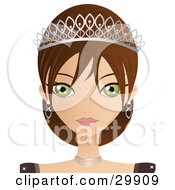 Clipart Illustration Of A Beautiful Green Eyed Brunette Caucasian Woman In A Tiara And Jewelery by Melisende Vector #COLLC29909-0068