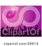 Poster, Art Print Of Silhouetted Crowd Of Men And Women Waving Their Arms In The Air And Dancing Under A Purple Disco Ball In A Night Club