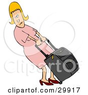 Clipart Illustration Of A Blond White Woman In A Pink Dress Pulling Her Heavy Rolling Luggage