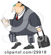 White Traveling Businessman Carrying His Plane Ticket And Pulling Rolling Luggage