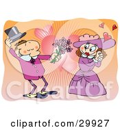 Clipart Illustration Of A Romantic Victorian Couple In Love The Man Taking Off His Hand And Giving Flowers To The Lady Over A Heart Background by gnurf