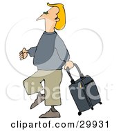 Poster, Art Print Of Blond White Man Walking Through An Airport Pulling A Rolling Suitcase Behind