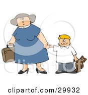 Poster, Art Print Of Mother Carrying A Suitcase And Holding Hands With Her Son That Is Carrying A Teddy Bear