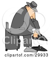 Poster, Art Print Of White Traveling Businessman Standing In Front Of His Suitcase And Putting His Shoes On