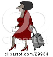 Poster, Art Print Of Sexy Black Woman In A Red Dress And Heels Walking Through An Airport And Pulling Rolling Luggage Behind Her